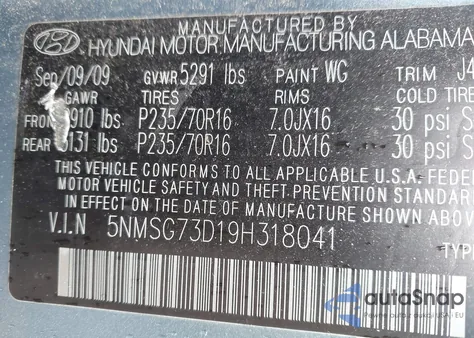 2009 Hyundai Santa Fe Gls z USA, uszkodzony, nr VIN 5NMSG73D19H318041